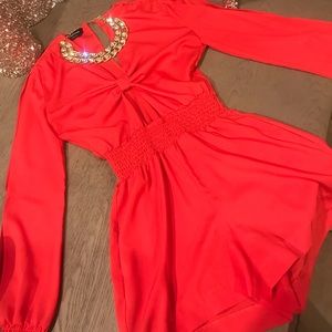 Bebe- red long sleeve romper